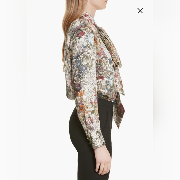 TORY BURCH Tie Neck Metallic Floral Blouse In Melody Floral Size 0 - Picture 3 of 10